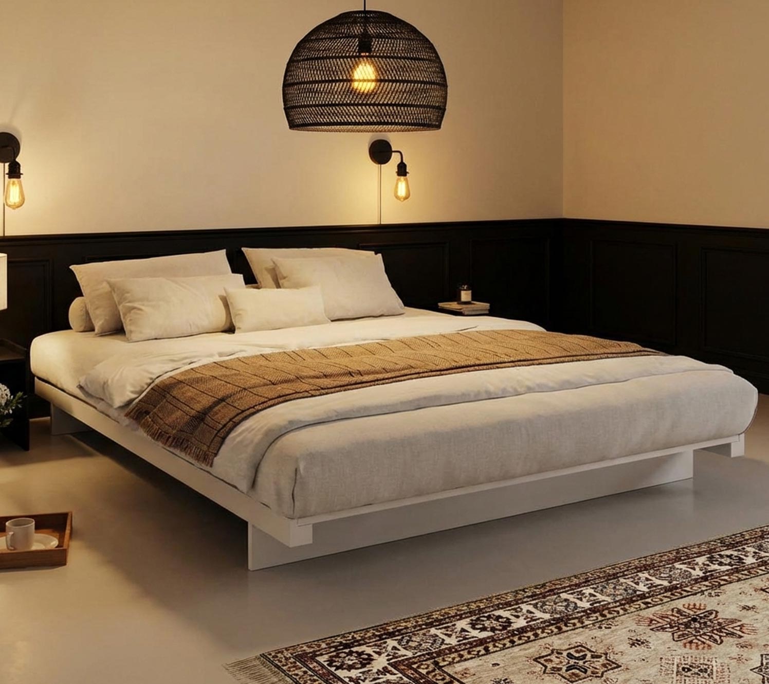 Sanfte Beleuchtung für schwarz-cremefarbene Schlafzimmer